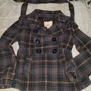 BKE Buckle plaid print wool coat w/hood gray sz M